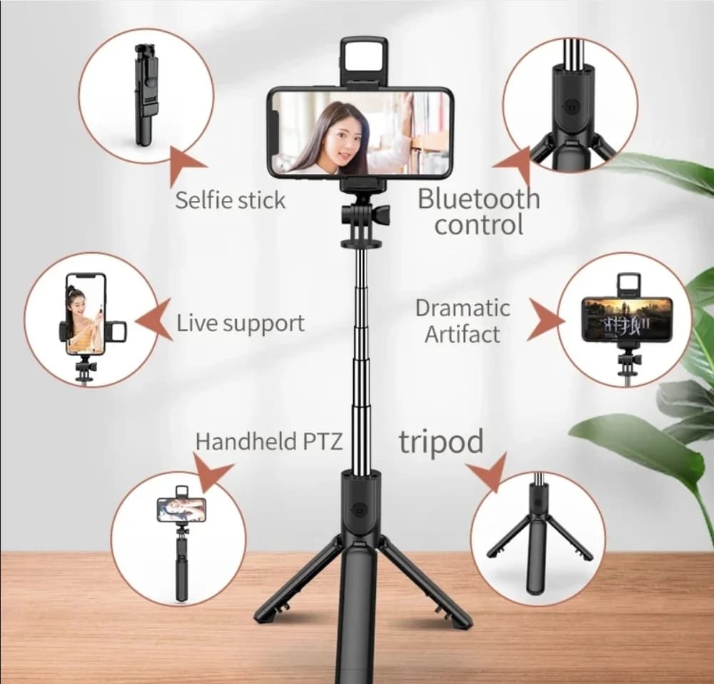 Tripod for selfie with Bluetooth remote control, telephone support with integrated beauty light.