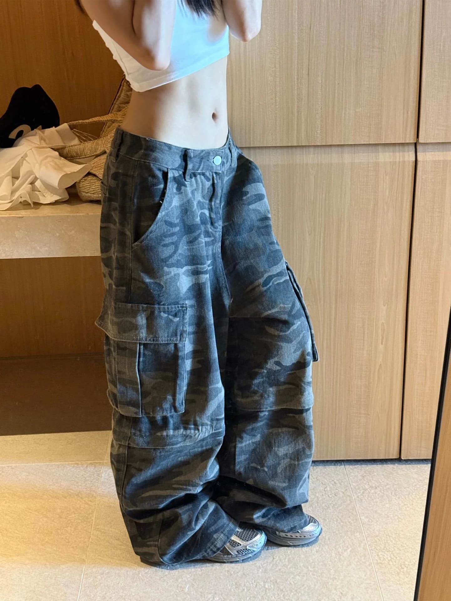 Jeans YOLO OP American Sle Camouflage a gamba dritta, casual, larghi, a vita alta con chiusura a bottoni, per la primavera