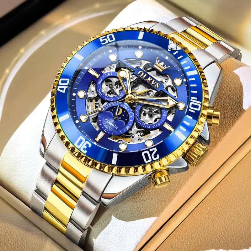 Orologio da uomo OLEVS 6715, orologio meccanico automatico con datario, quadrante grande, fasi lunari, luminoso e impermeabile.