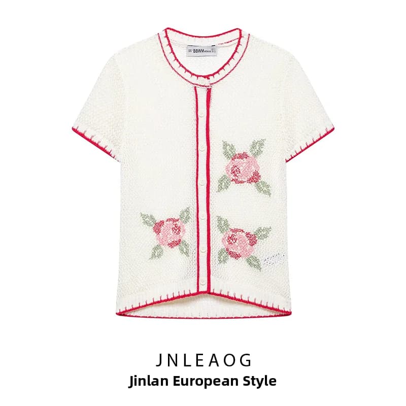 JNLEAOG Summer New Women's Fashion Versatile Knitted Jacket with Embroidered Flowers 5802025 Polyester Fiber Casual Style