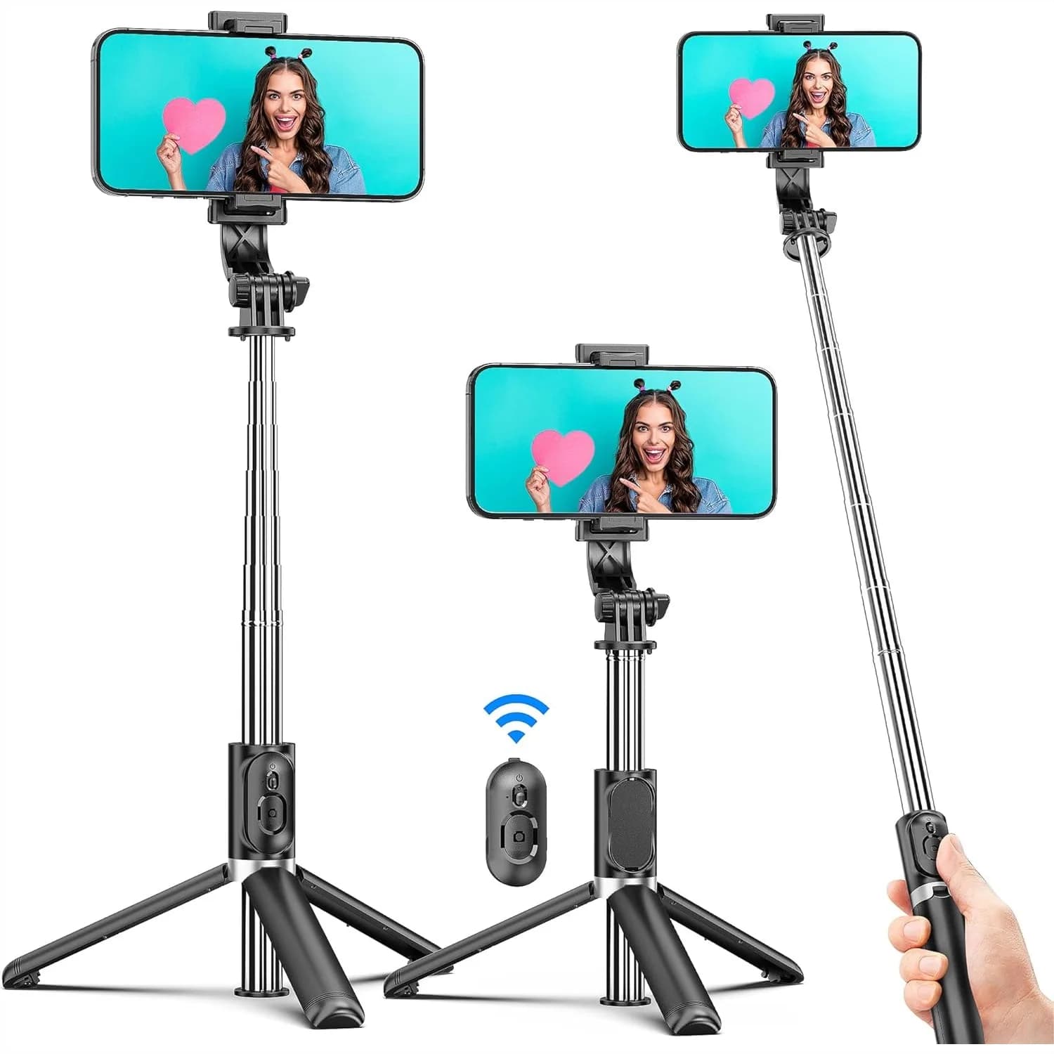Treppiede per selfie, estensibile e portatile con telecomando wireless per iPhone Samsung Galaxy