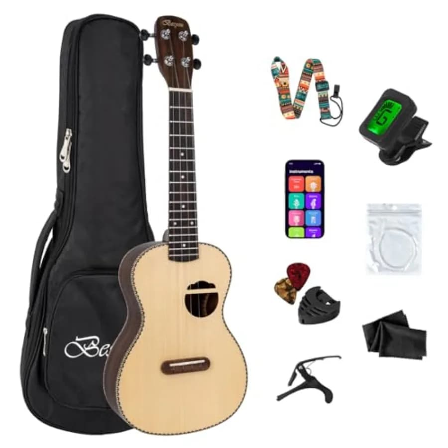 Concert ukulele for beginners and travel: spruce top, rosewood body, natural wood color, lightweight design with tuner, gig bag