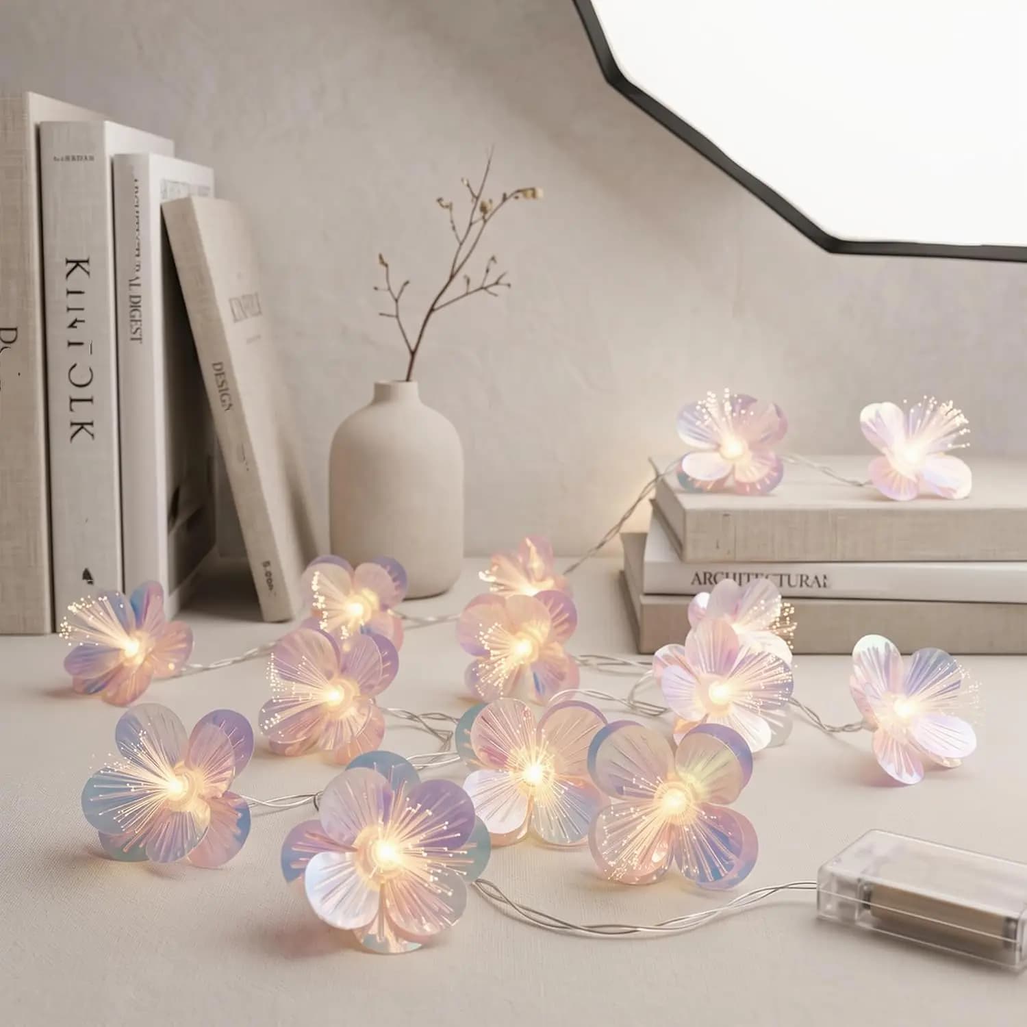 Fiber Optic Flower Fairy Lights Battery Powered 6m 40 LEDs Iridescent Floral Garland for Wedding Backdrop Girls Dorm Xmas Decor