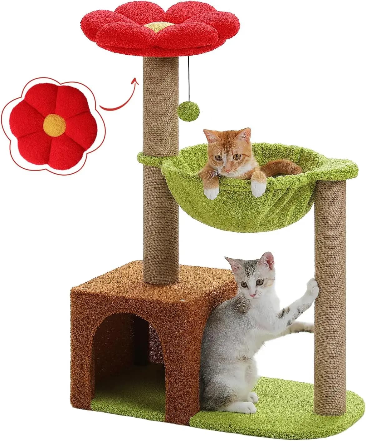 Albero per gatti da 35 pollici con posti grattugio in sisal, amaca grande verde per gatti di piccola taglia da interno, lettiera rimovibile, marrone