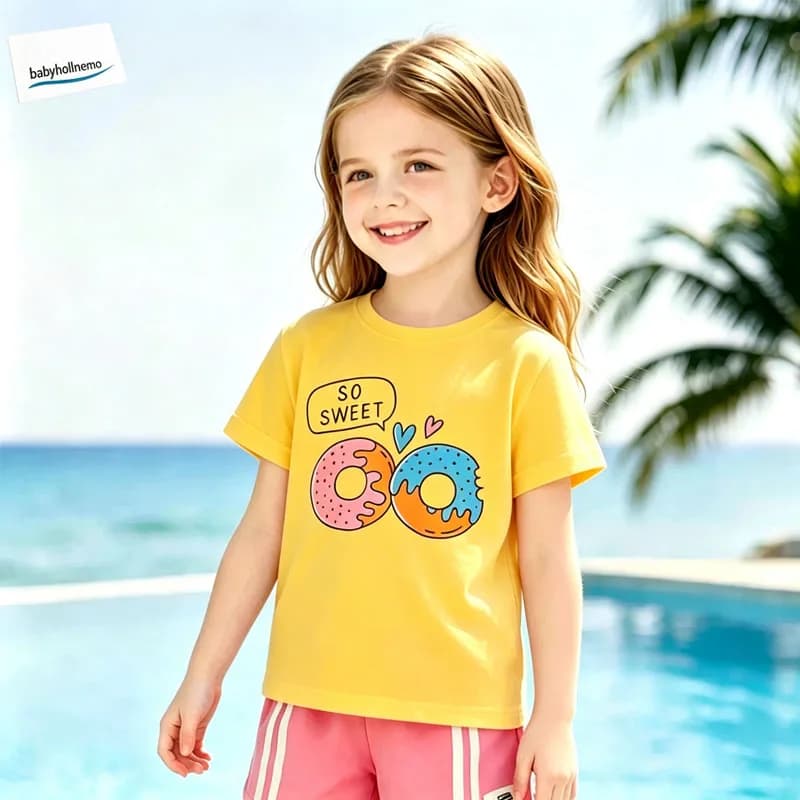 Sweet Donut Heart Print Kids Cotton Short Sleeve Tee Summer Casual Unisex Boys Girls Basic Graphic T Shirt