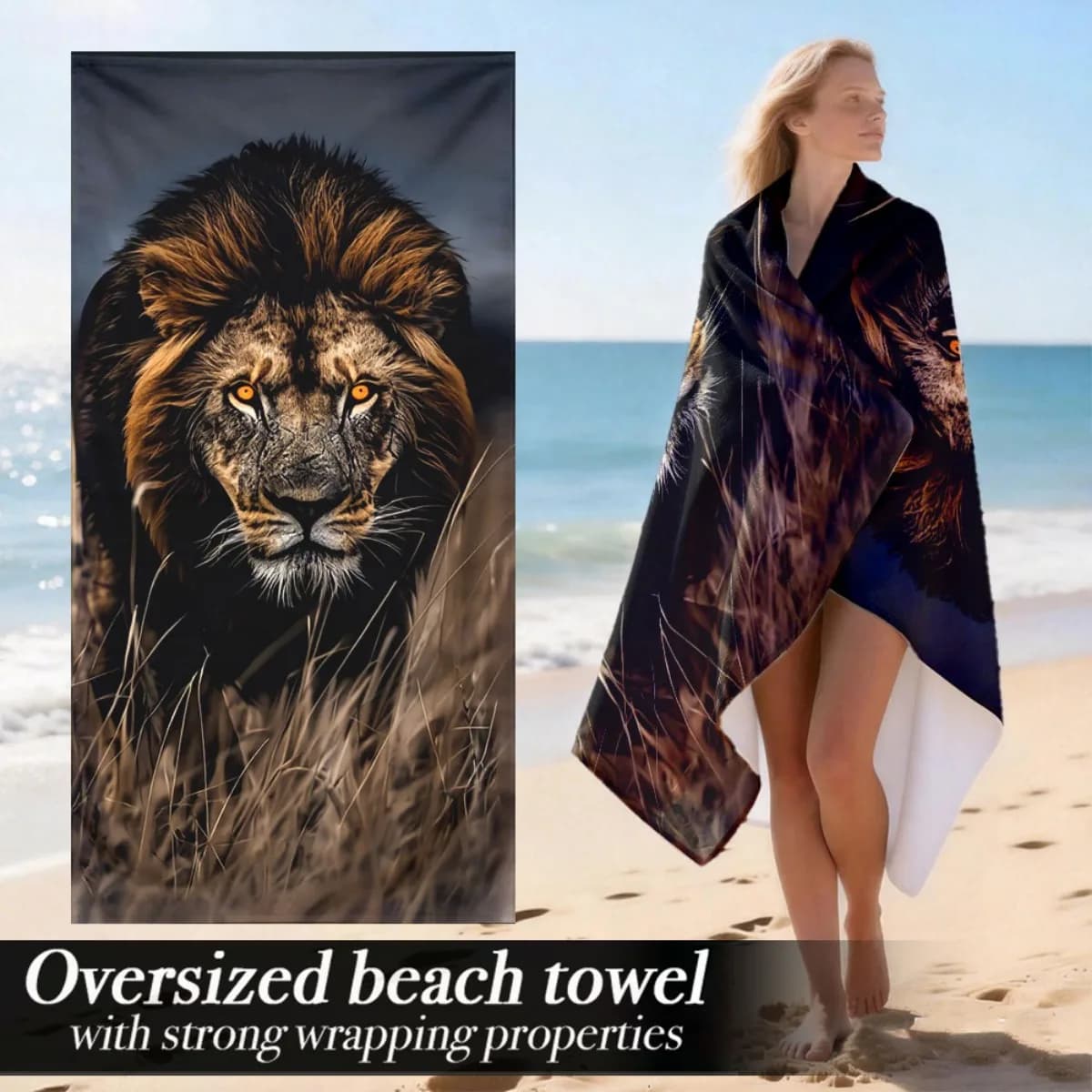 Telo mare oversize con stampa tigre realistica – Morbido e assorbente, design accattivante, perfetto per viaggi e uso sportivo