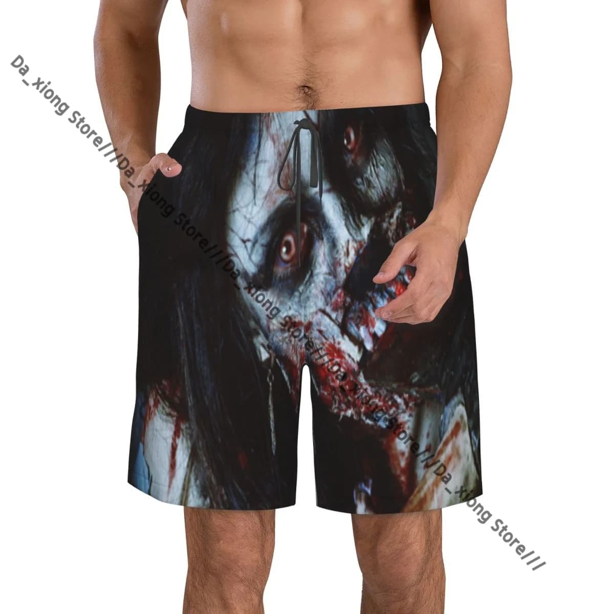 Spaventosa donna morta con un strumento insanguinato Mistero gotico malvagio Pantaloncini ad asciugatura rapida per uomo Costumi da bagno Costume da bagno Costume da bagno Abbigliamento da spiaggia