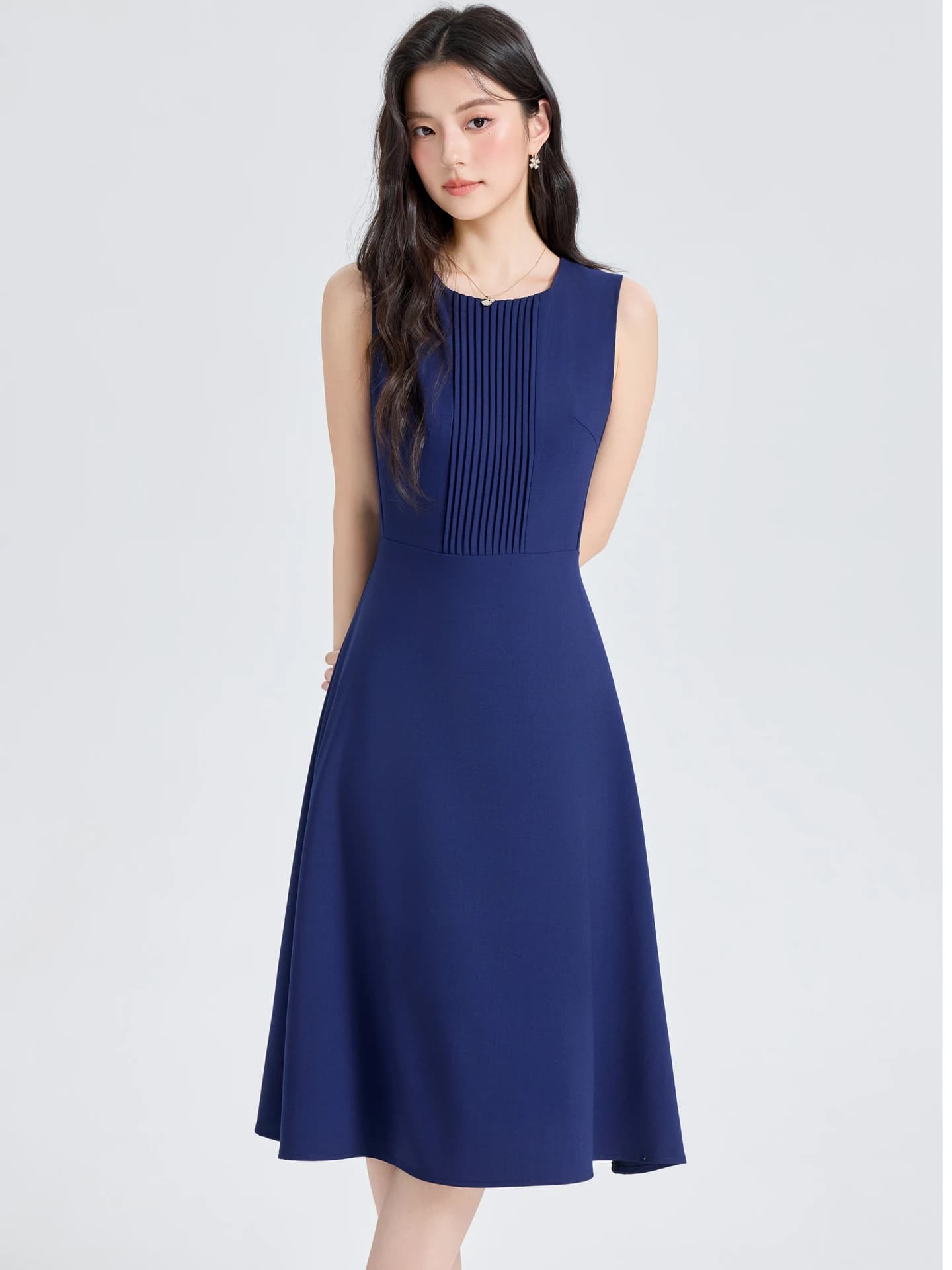 Blue Sleeveless round Neck Dress Women's Summer New Style Commute Slimming Midi Skirt Hepburn Long Dress Soft Polyester Fiber