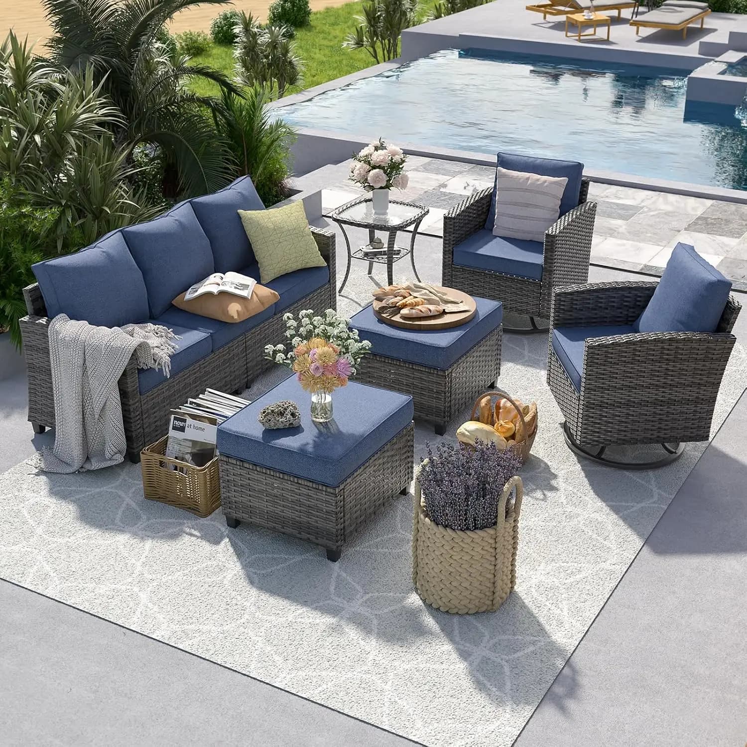 Set Divano Sezionale in Rattan PE Grigio 6 Pezzi con Sedia Girevole e Tavolino Laterale, Cuscini da 4 Pollici, per Patio e Giardino, Personalizzabile
