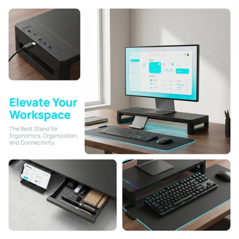Supporto Multifunzionale per Monitor con USB 3.0, Ripiano Pieghevole Regolabile in Altezza per Scrivania