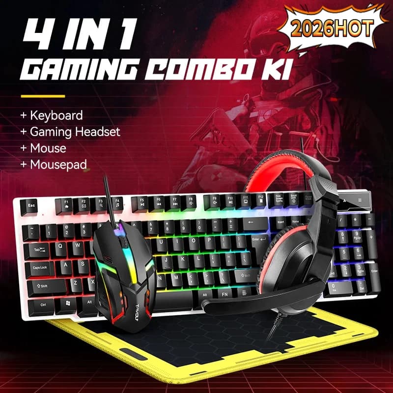 Set Combo 4 in 1 2026: Mouse, Tastiera, Cuffie e Tappetino per Mouse, Set da Gaming per Computer con Cuffie USB, Mouse e Tastiera Cablati e Tappetino per Mouse