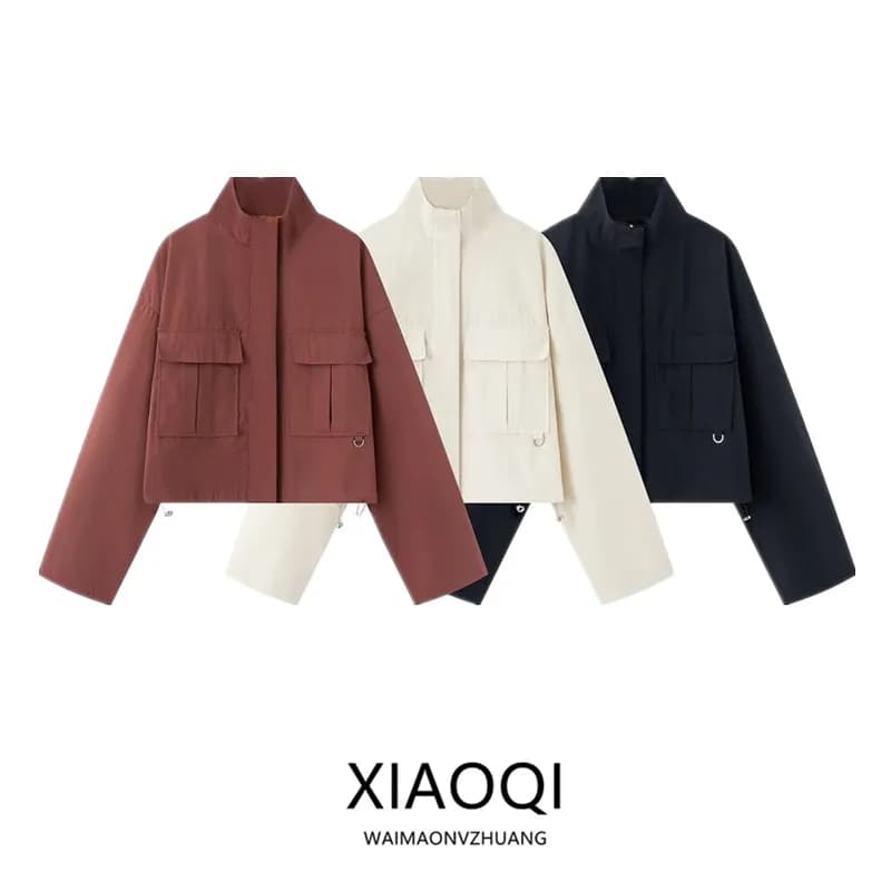 Giacca Corta da Donna Primavera 2026 a Maniche Lunghe con Collo Alto, Nuovo Arrivo, Stile Pendolare, Chiusura con Cerniera, Design con Tasche, Capospalla