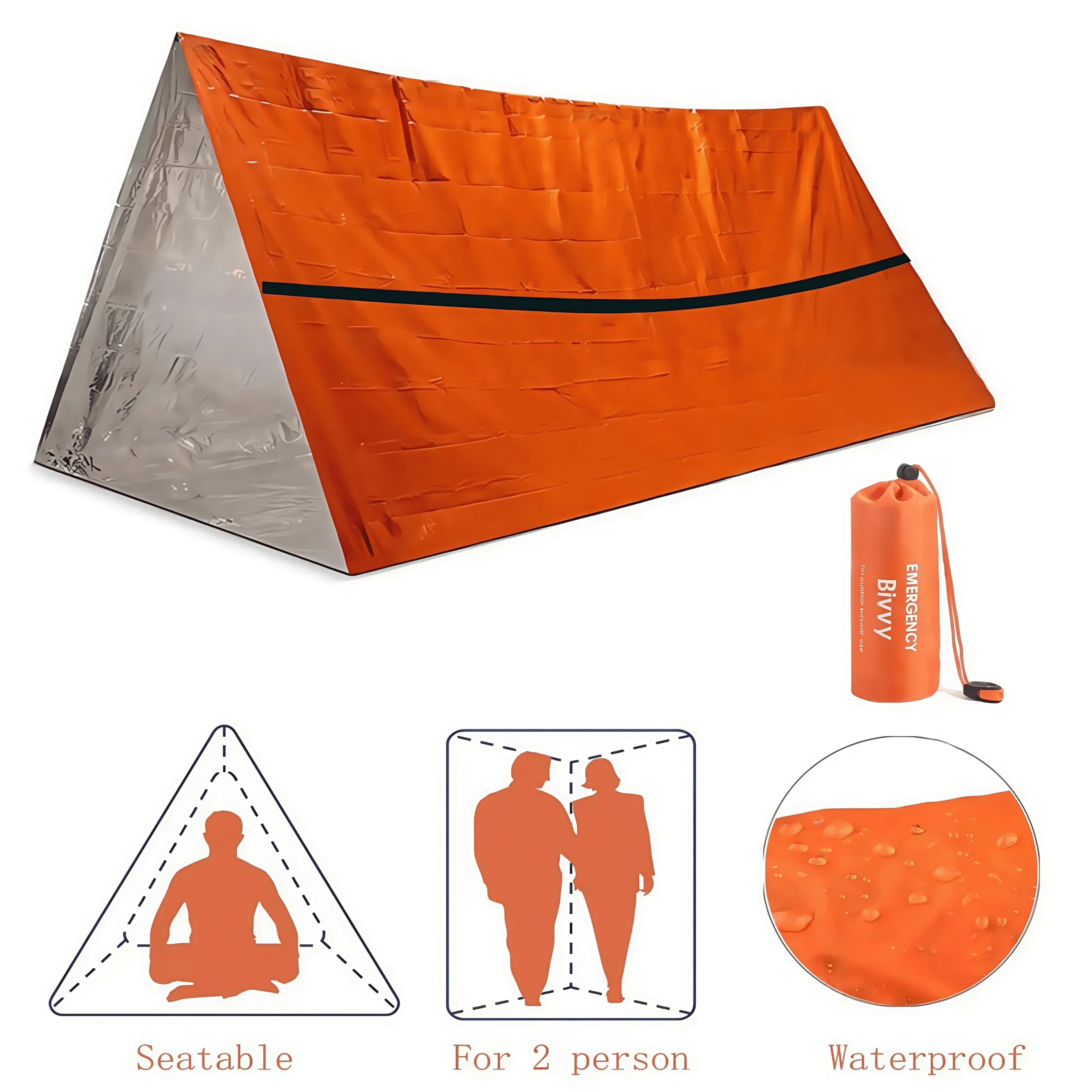 Emergency Survival Recovery for 2 persons - Water resistant Mylar bivouac tent and thermal sleeping bag, reusable SOS outdoor rescue kit