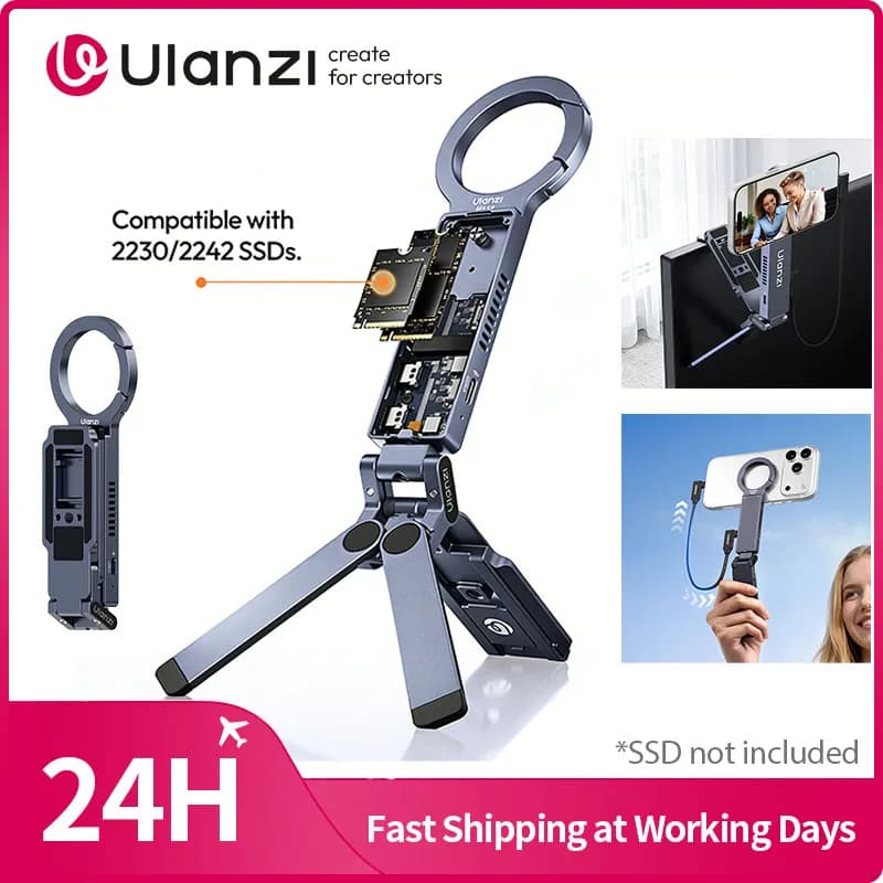 Ulanzi MA58 MagLock Enclosure SSD con Supporto Telefono 2-in-1, Selfie Stick e Enclosure SSD per iPhone 17 16 15 14 per Vlog