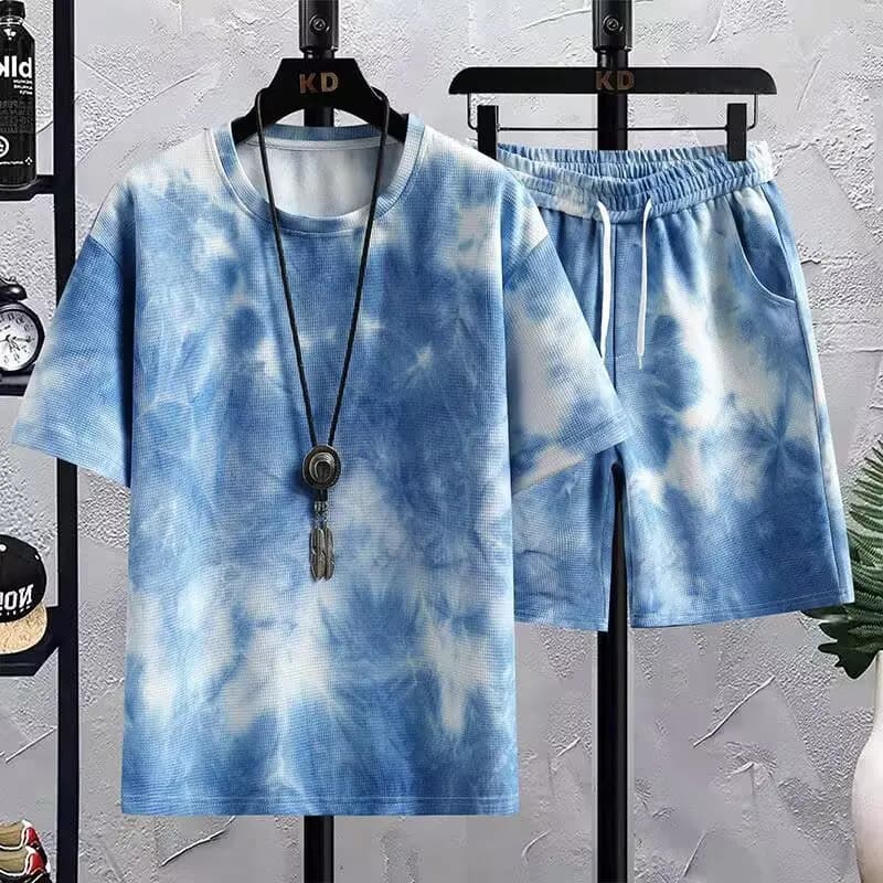 Completo Sportivo Casual Trendy a Maniche Corte Tie-Dye Sfumato per Ragazzi e Giovani Uomini, Estivo in Fibra di Poliestere, con Pantaloncini Corti