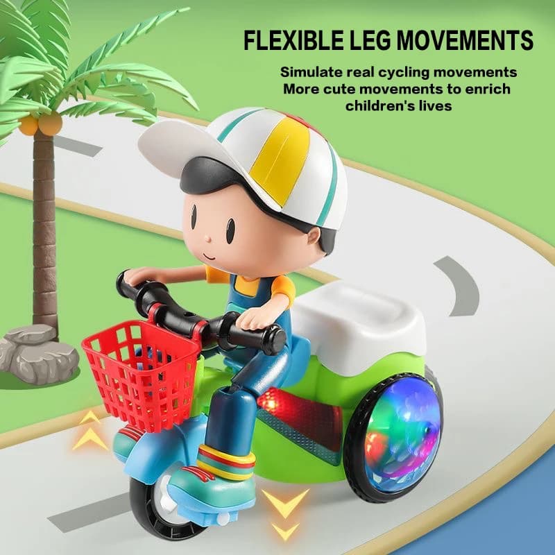 Un ragazzino carino che cavalca un triciclo con giocattoli elettrici, acrobazie rotanti, suono e luce, è il regalo perfetto per i bambini