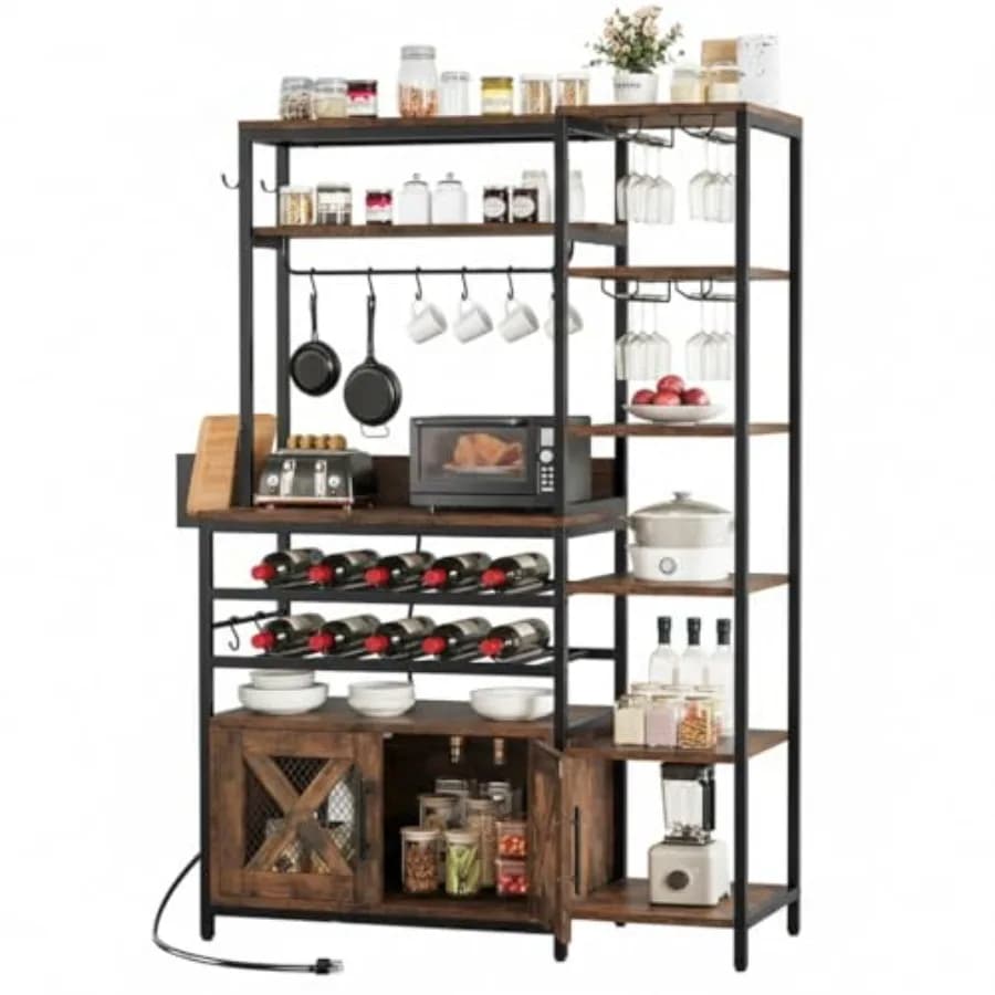 Grande scaffale portabottiglie industriale con presa di corrente, mobile bar a 6 livelli a forma di L per la casa con porta bicchieri angolare