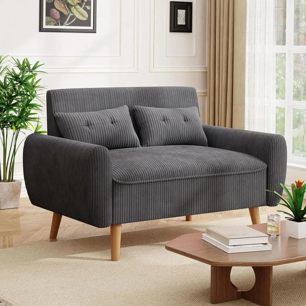 Divano compatto a 2 posti con gambe affusolate, rivestimento grigio, struttura in legno massello, comodo cuscino in schiuma, ideale per piccoli spazi