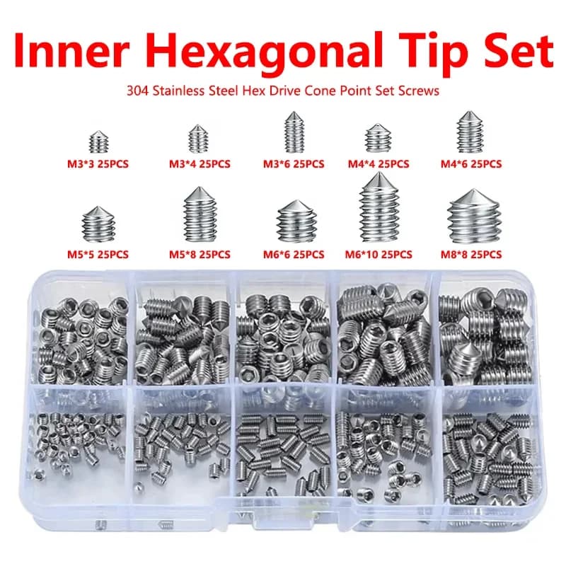 250 pz/scatola 304 In Acciaio Inox Esagonale Esagono Incassato Set Viti Cono Punto Grub Vite M3 M4 M5 M6 M8