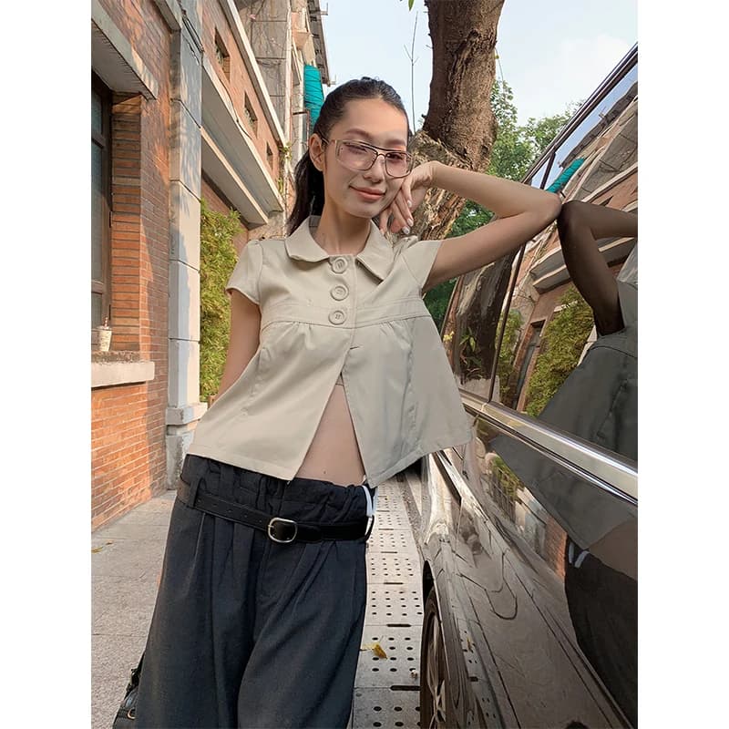 MEXZT Vintage Cropped Shirts Women Japanese Harajuku Black Short Sleeve Blouses Summer Ladies Streetwear Buttons Casual Tops New