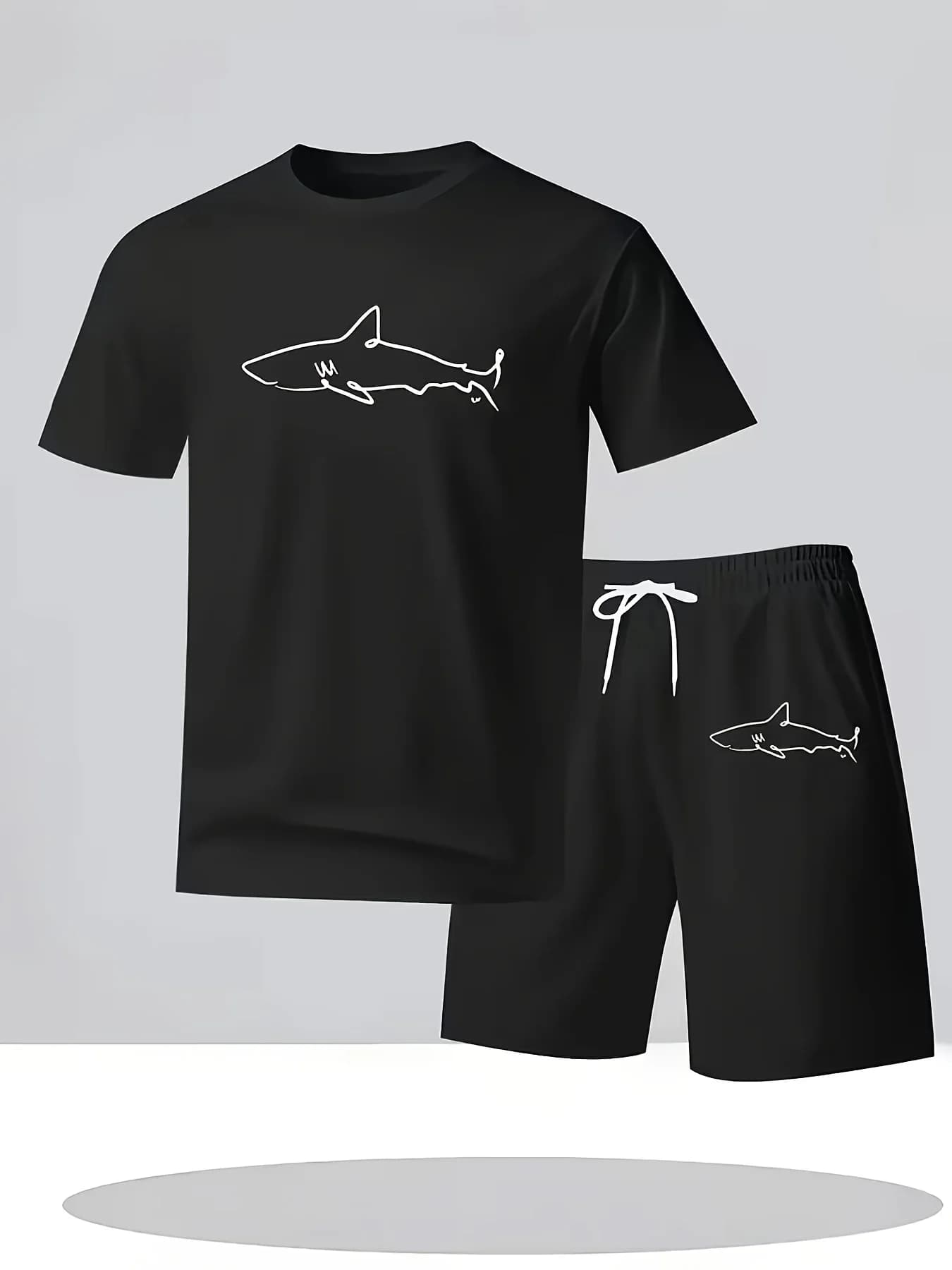 Shark Men'S Short-Sleeved And Shorts Set for Beach Vacations, with Trendy Print, Quick-Drying Swimwear in a Two-Piece Design