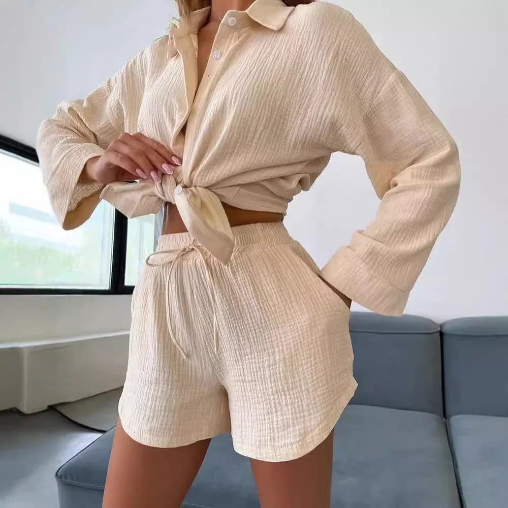 Three Piece Short Sets Women Single Breasted Cardigan Blouses Lace Up Shorts Suit Shirt Casual Splice Pocket Office Lady