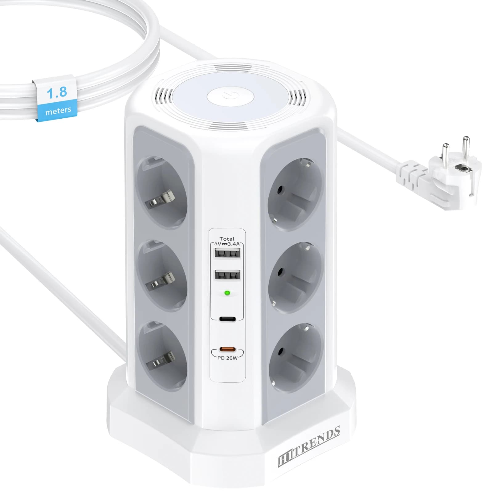 Spina UE Scheda di alimentazione multi-presa Protezione da sovratensione 4000W 16A 110-250V 2 USB-A e 2 USB-C con luce notturna Cavo di prolunga da 1,8 M