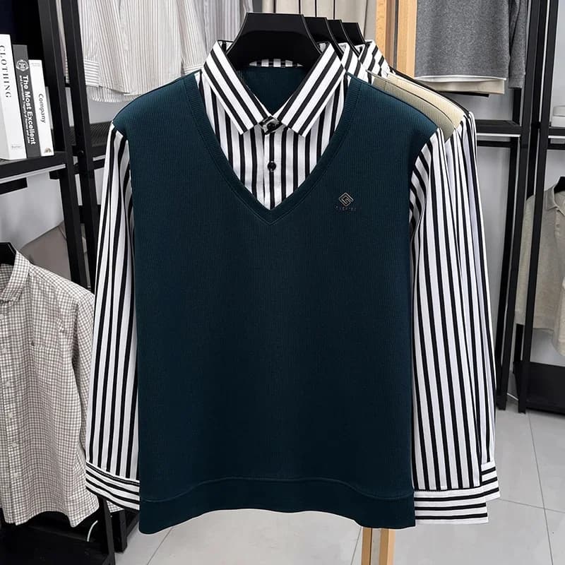 Maglione casual da uomo a due pezzi finti, con colletto a righe, maniche lunghe e scollo a V, per affari e uso quotidiano.
