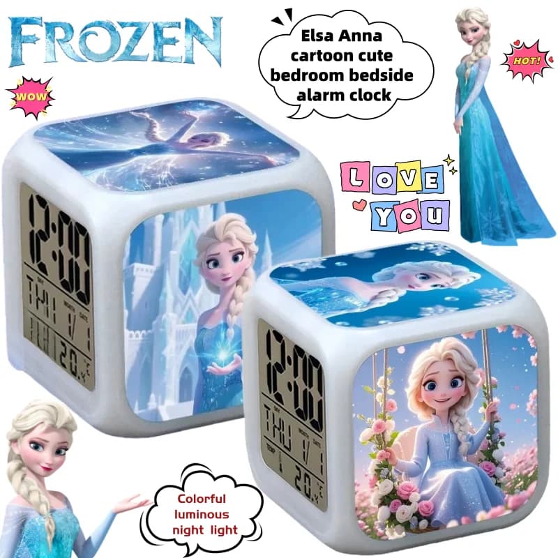 Nuovo sveglia Frozen Elsa e Anna Simpatico cartone animato Moda creativa colorata incandescente Luce notturna Studente Sveglia Ragazza Regalo di compleanno