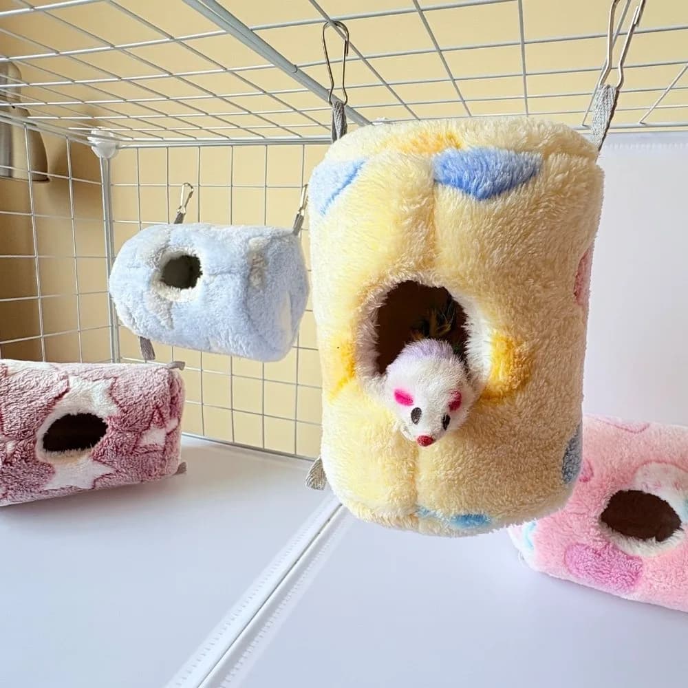 Cuccia Calda per Piccoli Animali, Amaca per Criceti, Tunnel in Velvet, Nido per Uccelli, Winter Pear Bag for Domestic Animals with Motivo Carton Animato