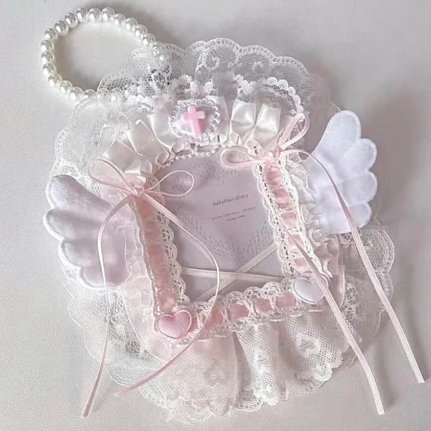 Tesserino con ali d'angelo Top Loader Nastri fatti a mano Kpop Carte da 3 pollici Manica Decorazione in pizzo Dolce ID Protezione per carte fotografiche Gilft