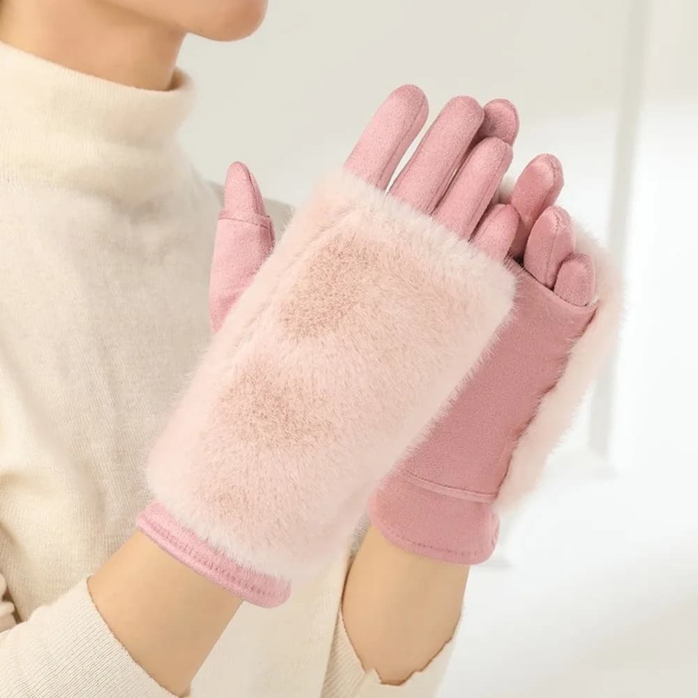 Guanti Invernali da Donna in Camoscio Tinta Unita, Imbottiti e Staccabili, con Pelliccia Sintetica di Coniglio, Termici a Dita Intere per Feste