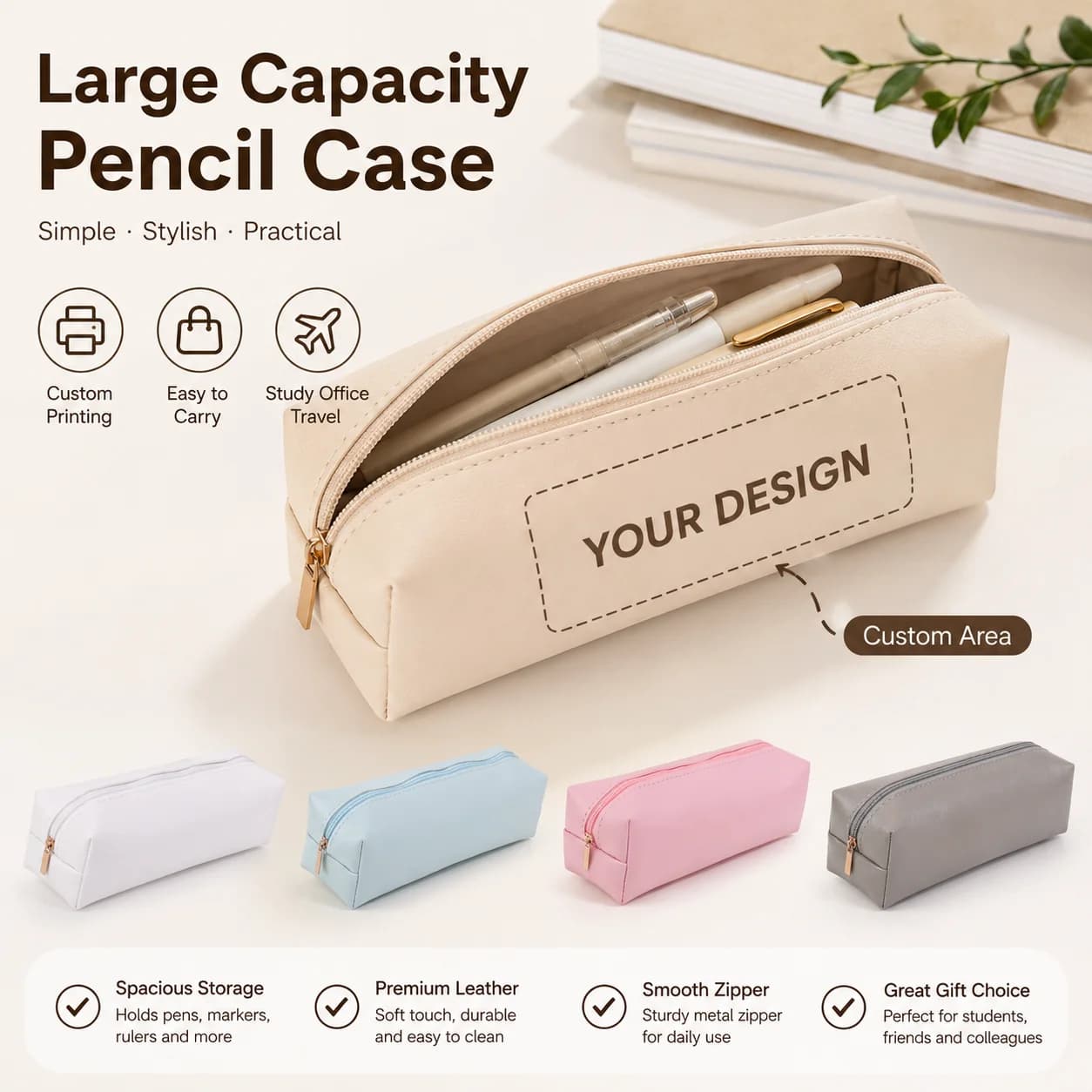 Custom PU Leather Pencil Case Large Capacity, Smooth Zipper Stationery Organizer Pouch Custom Logo Name for Office School