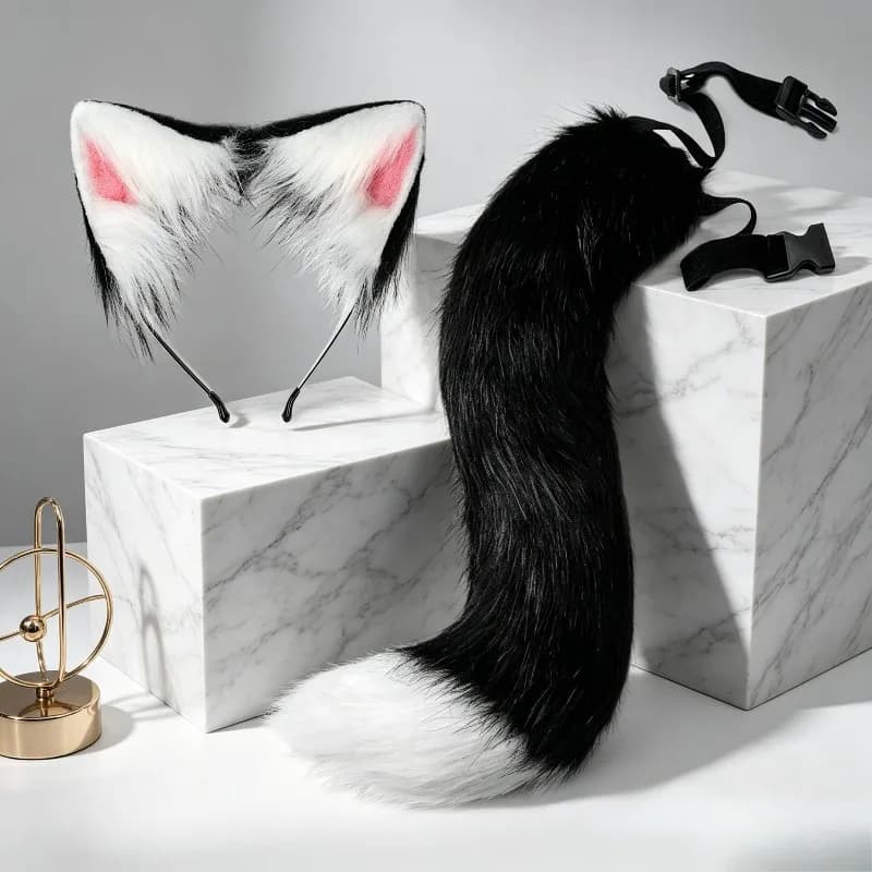 Halloween Plush Tail Soft Animal Tail Accessory Cat Ear Headband Set for Cosplay and Party Dress Up