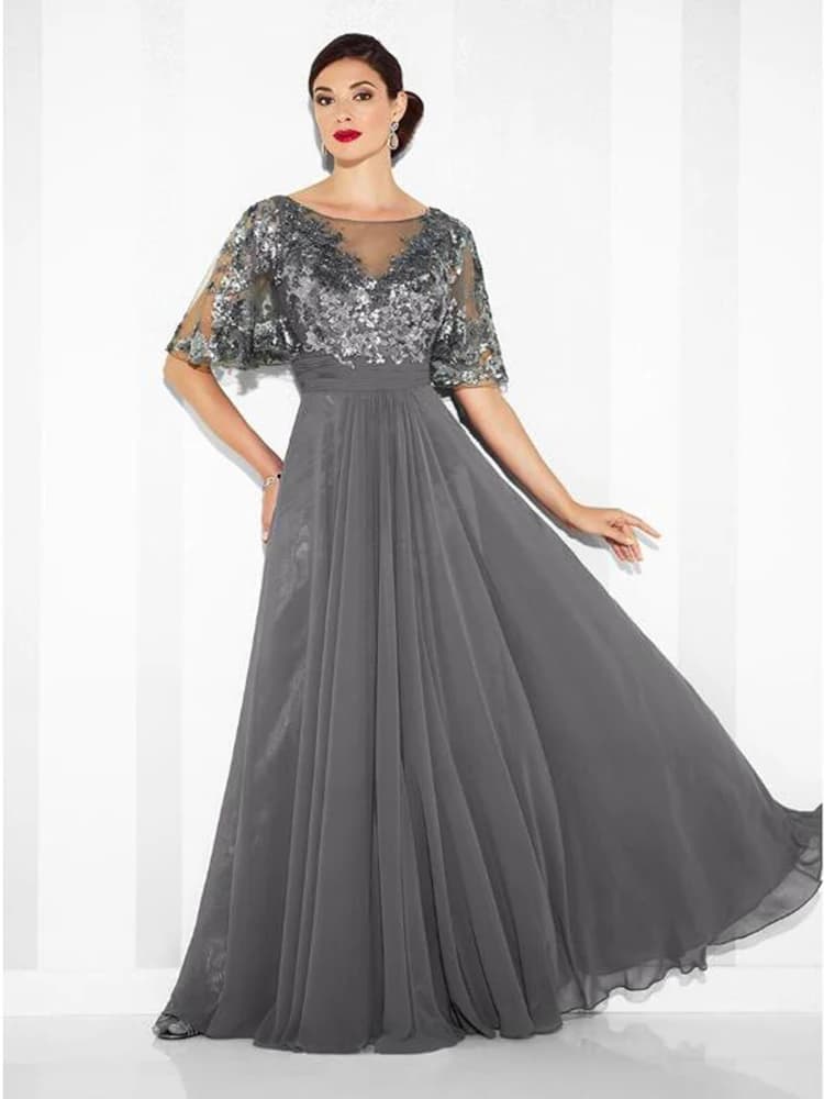 Affascinante grigio con paillettes scollo a barca abiti per la madre della sposa mezza manica in chiffon con retro abiti da festa di nozze 2025 nuovo arrivo