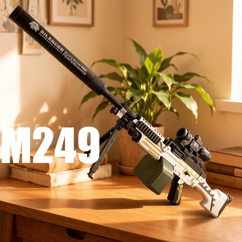 Fucili Giocattolo M249 e AK47 che Spara Palline di Gel 7-8mm, Sparo Continuo Elettrico, Funzionamento Manuale a Batteria Scarica, Due Modelli Disponibili, Modello da Gioco