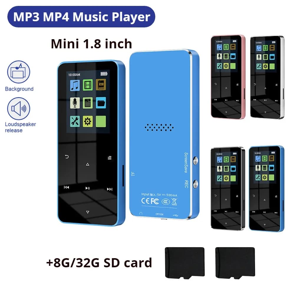 Mini lettore musicale MP3 MP4 in metallo da 1,8 pollici con touch screen, Bluetooth 5.0, riproduttore Hi-Fi, Walkman, radio, riproduzione video, con scheda da 8/32 GB, E-book