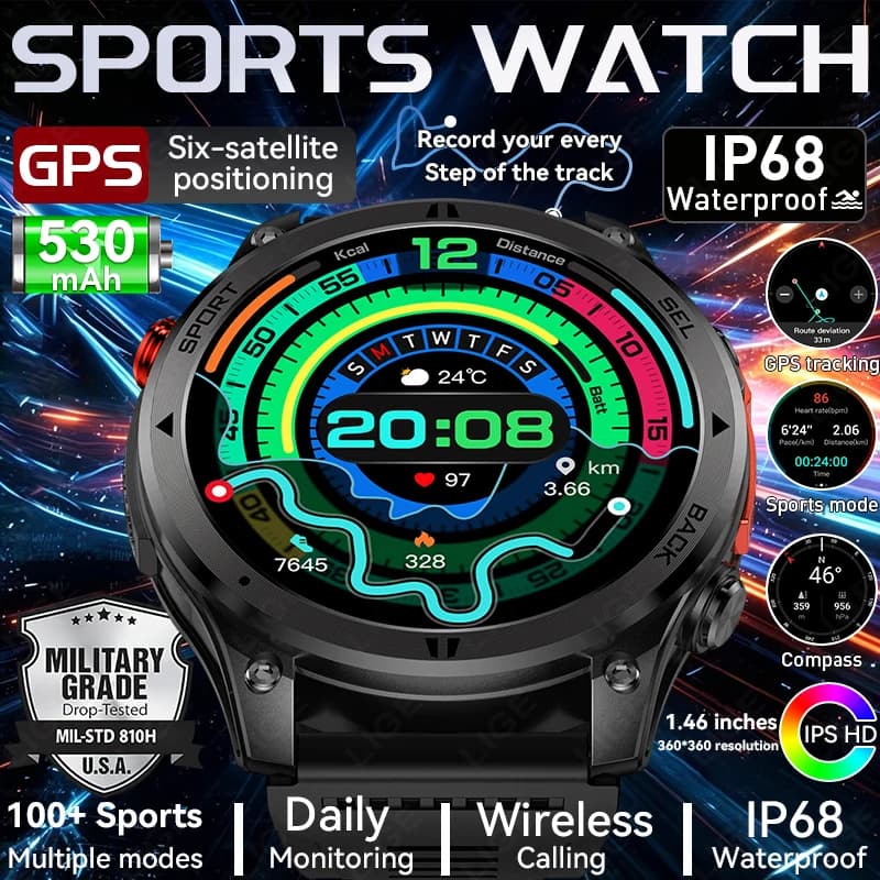 GPS Trajectory Navigation Outdoor Smart Watch 1.46" HD Screen 100+ Sports Modes IP68 Waterproof 530mAh Compass for Android iOS