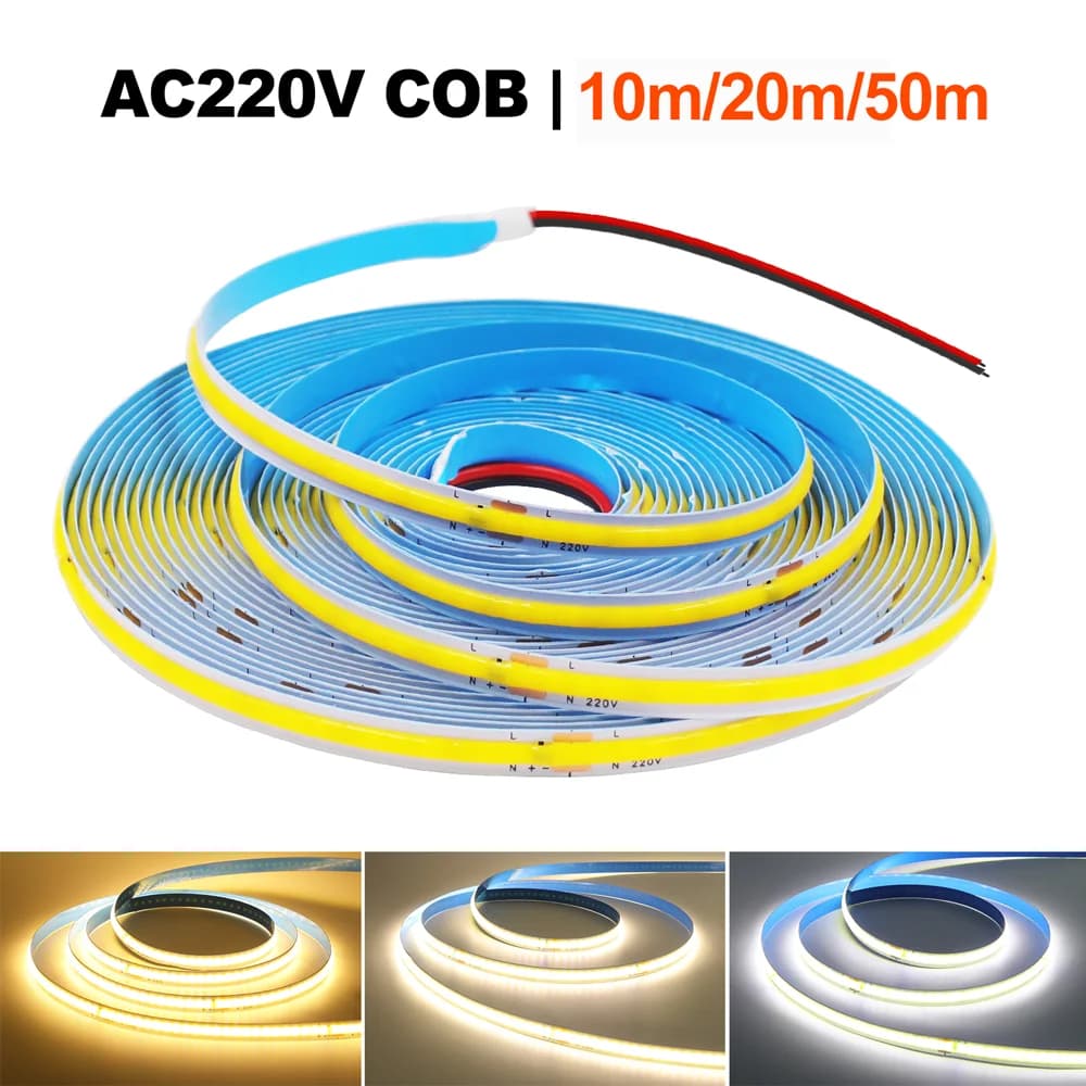 Striscia LED COB 220V 5M 10M 20M 50M Luci a nastro flessibili con chip IC 240LED/m RA90 Illuminazione lineare ad alta luminosità 3000K-6000K