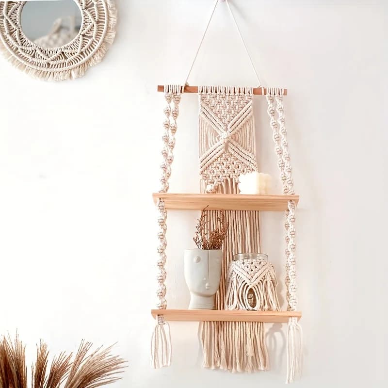 Bohemian Handmade Macrame Woven Wall Hanging, 2-Tier Floating Shelf, Rustic Wooden Home Decor Storage for Bedroom Bathroom