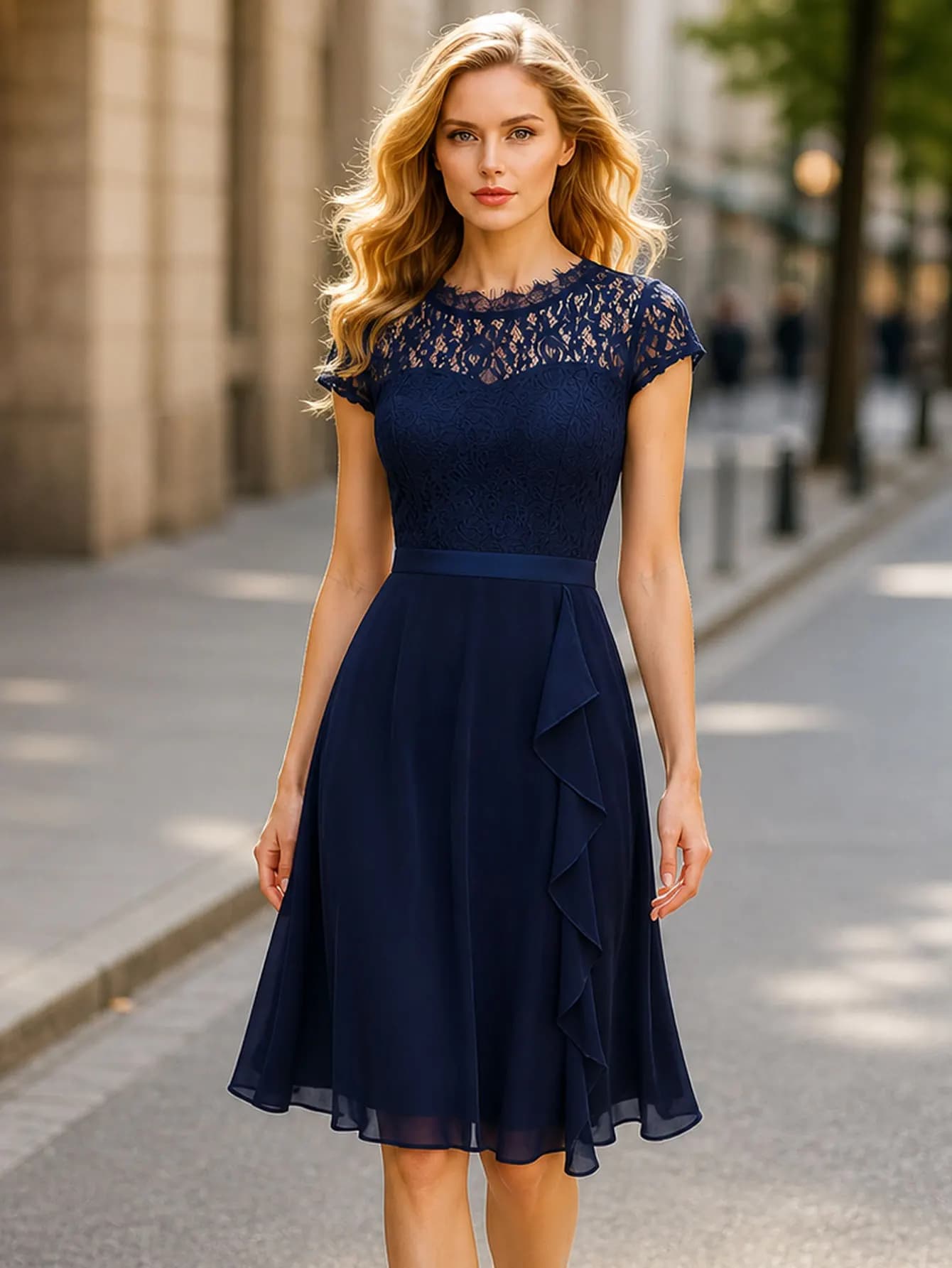 Abito da donna casual elegante con scollo rotondo, maniche corte in pizzo, tinta unita, lunghezza al ginocchio, gonna ampia a trapezio, per feste formali