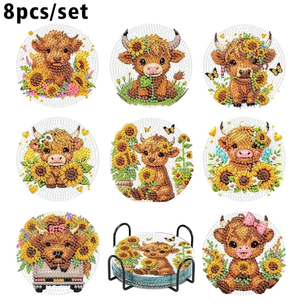 Set di 8 sottobicchieri dipinti con diamanti con motivo animale, tappetino per bevande resistente al calore con strass scintillanti con supporto sottobicchiere fai-da-te