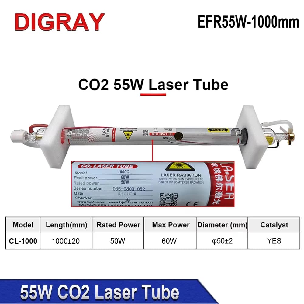 Laser Tube CO2 DIGRAY 55W EFR-1000CL Diameter 50mm Length 1000mm Laser Glass Lamp for cutting and engraving machine CO2
