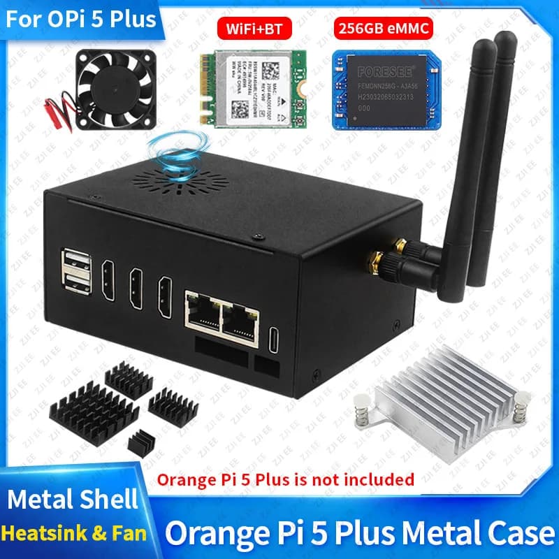 Custodia in metallo per Orange Pi 5 Plus con ventola opzionale, antenna, dissipatori in alluminio, modulo EMMC WiFi BT, scocca in metallo per Orange Pi 5 Plus