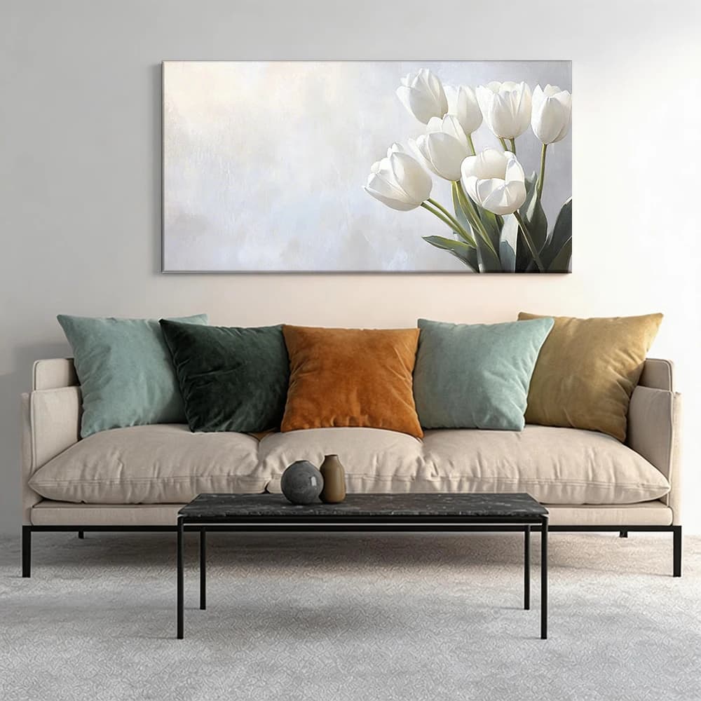 Painted on canvas with large wooden frame, 1 piece, white tulips, background with delicate tones.