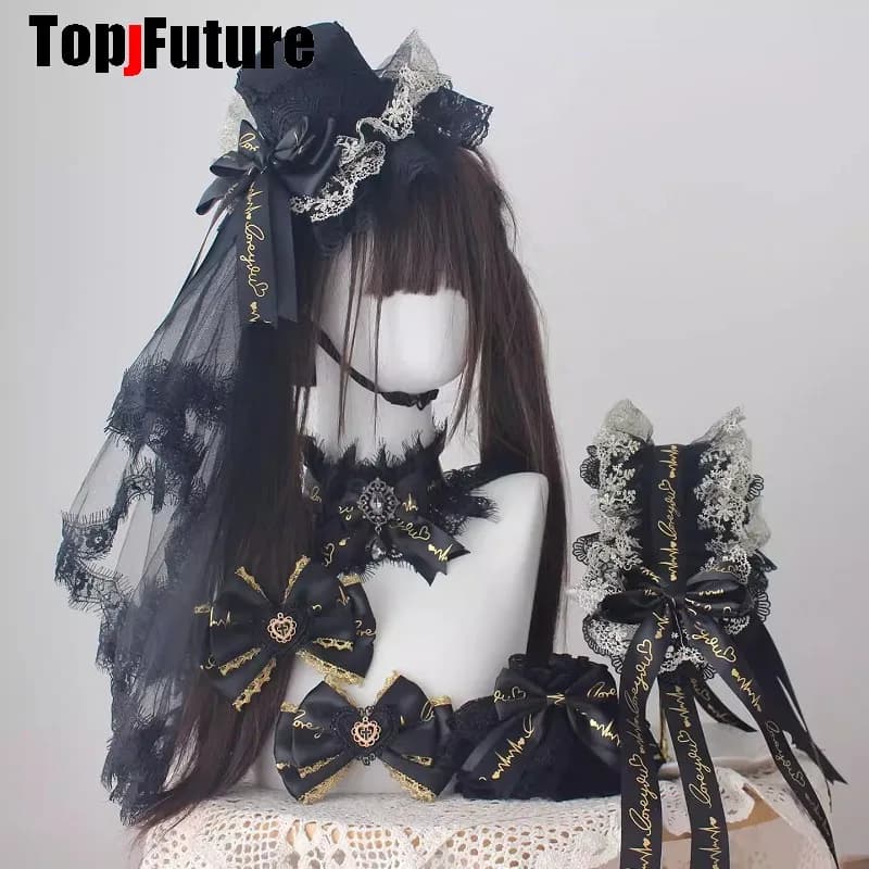 Black Gold Luxury Headwear Spike Lolita Y2K Girl Gothic Punk Harajuku Feather Small Hat Elegant Hairpins Collar Bag Wristband