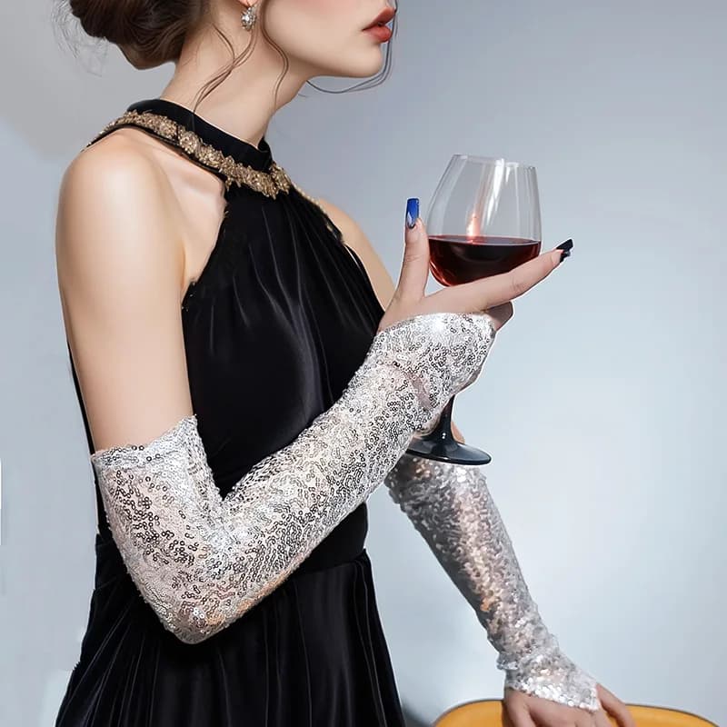 Guanti sexy con gancio con paillettes scintillanti per le donne, cosplay, feste, cene, discoteca, spettacoli teatrali, matrimoni, guanti lunghi senza dita