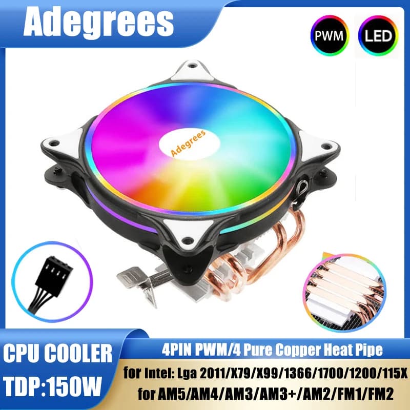 Dissipatore di calore RGB per CPU con 4 heatpipe, raffreddamento ad aria, radiatore PC per Intel LGA 775 1150 1151 1155 1200 1700 2011 X79 X99 AMD AM4 AM5