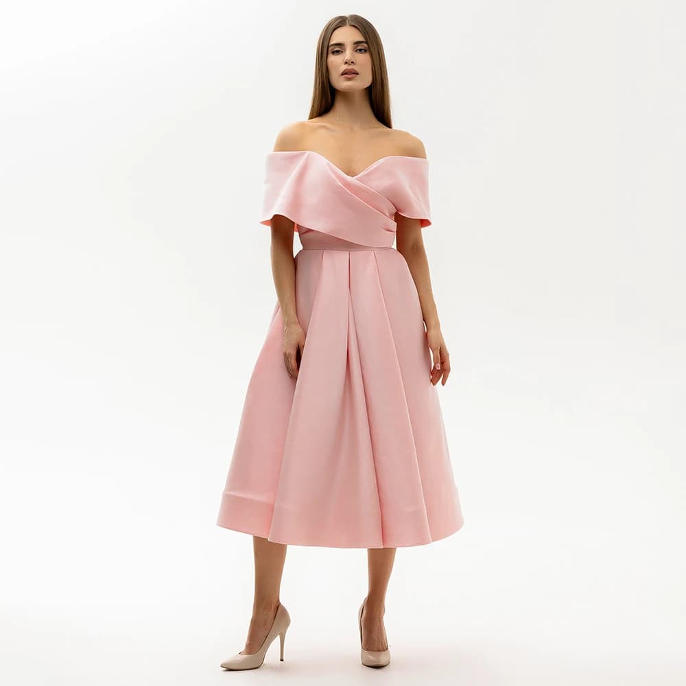 Abiti da Cerimonia Personalizzati per Donne, Vestiti Midi con Spalle Scoperte, Semplici Abiti da Cocktail per Matrimoni, Abito da Damigella in Raso Rosa Linea A