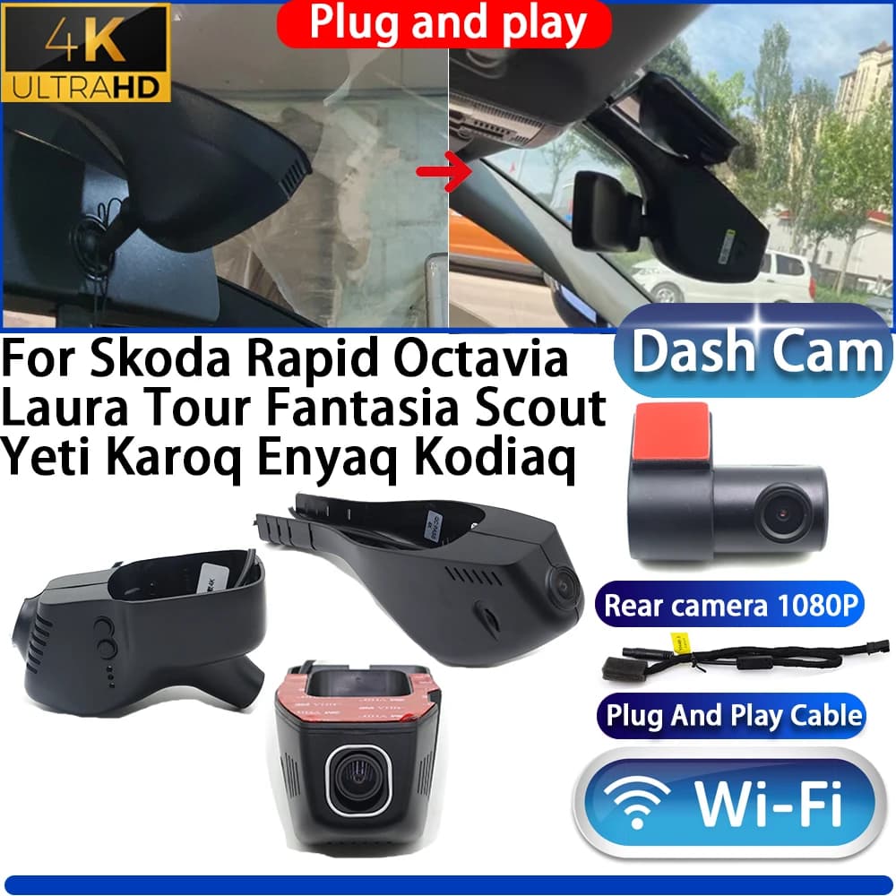 4K DVR Camera for Dashboard Car, Plug and Play, Video Recorder for Skoda Rapid Octavia Laura Tour Fantasia Scout Yeti Karoq Enyaq Kodiaq